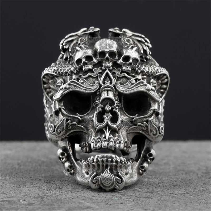 Anel de motociclista prateado masculino vintage preto tatuagem gótico punk crânio