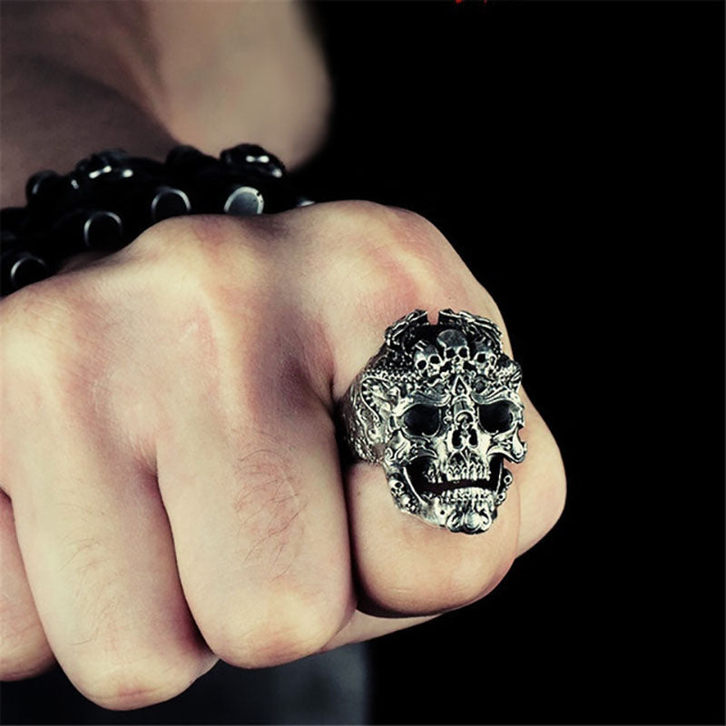 Anel de motociclista prateado masculino vintage preto tatuagem gótico punk crânio