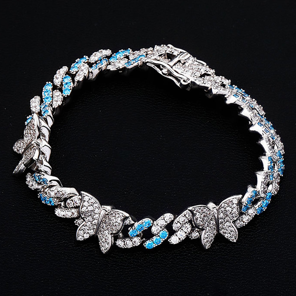 Moissanite Iced Out Butterfly Cuban Link Chain Bracelet Women