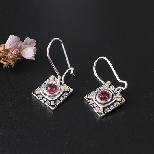 Vintage Antique Sterling Silver Gemstone Square Earring Charm For Women